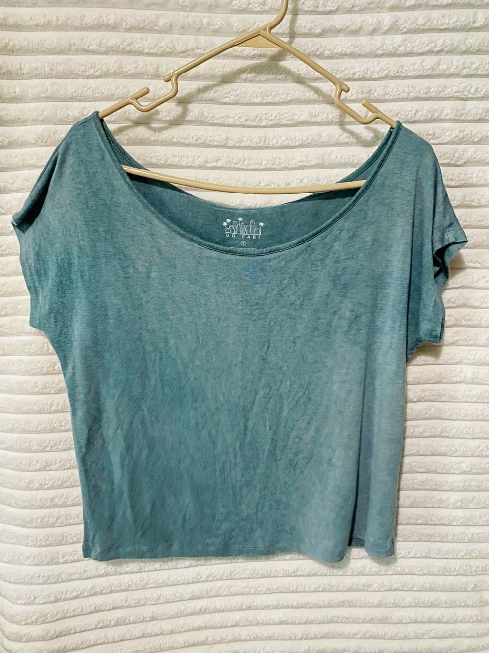 Washed Teal Scoop Neck Crop Top - Casual Short Sleeve